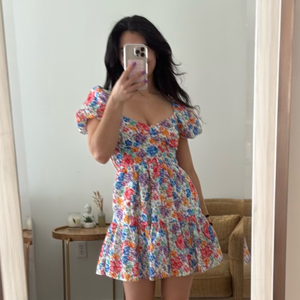 Aqua Blue and Pink Ruched Strapless Mini Dress